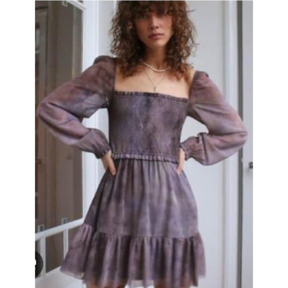 Aritzia Wilfred Tempest Mini Dress Sizes L Print Smocked Square Neck Stretch - Picture 1 of 9